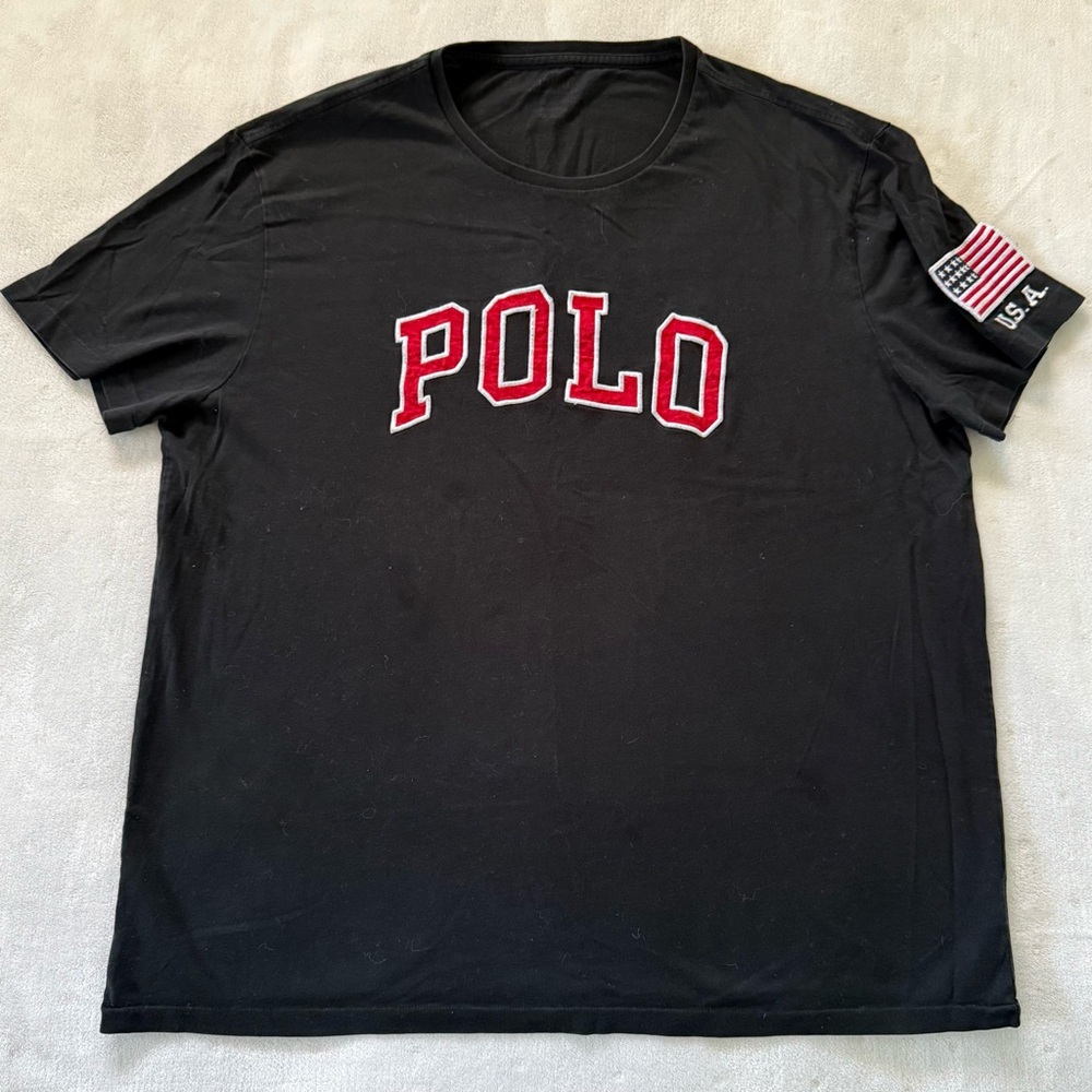 Polo Ralph Lauren Black Spellout Logo T-Shirt USA Flag Sleeve - Picture 2 of 9